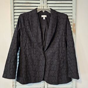 SUSAN GRAVER PURE COTTON EYELET BLAZER Black M Retro 90s Y2k Cottagecore Office